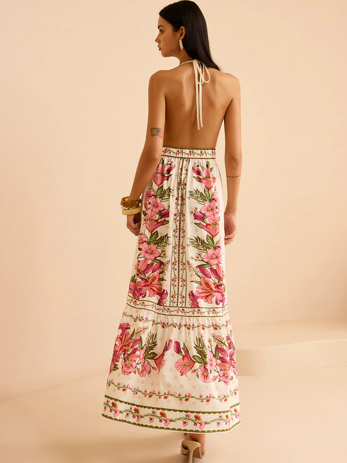 Floral Print Halter Backless Maxi Dress - Takermore