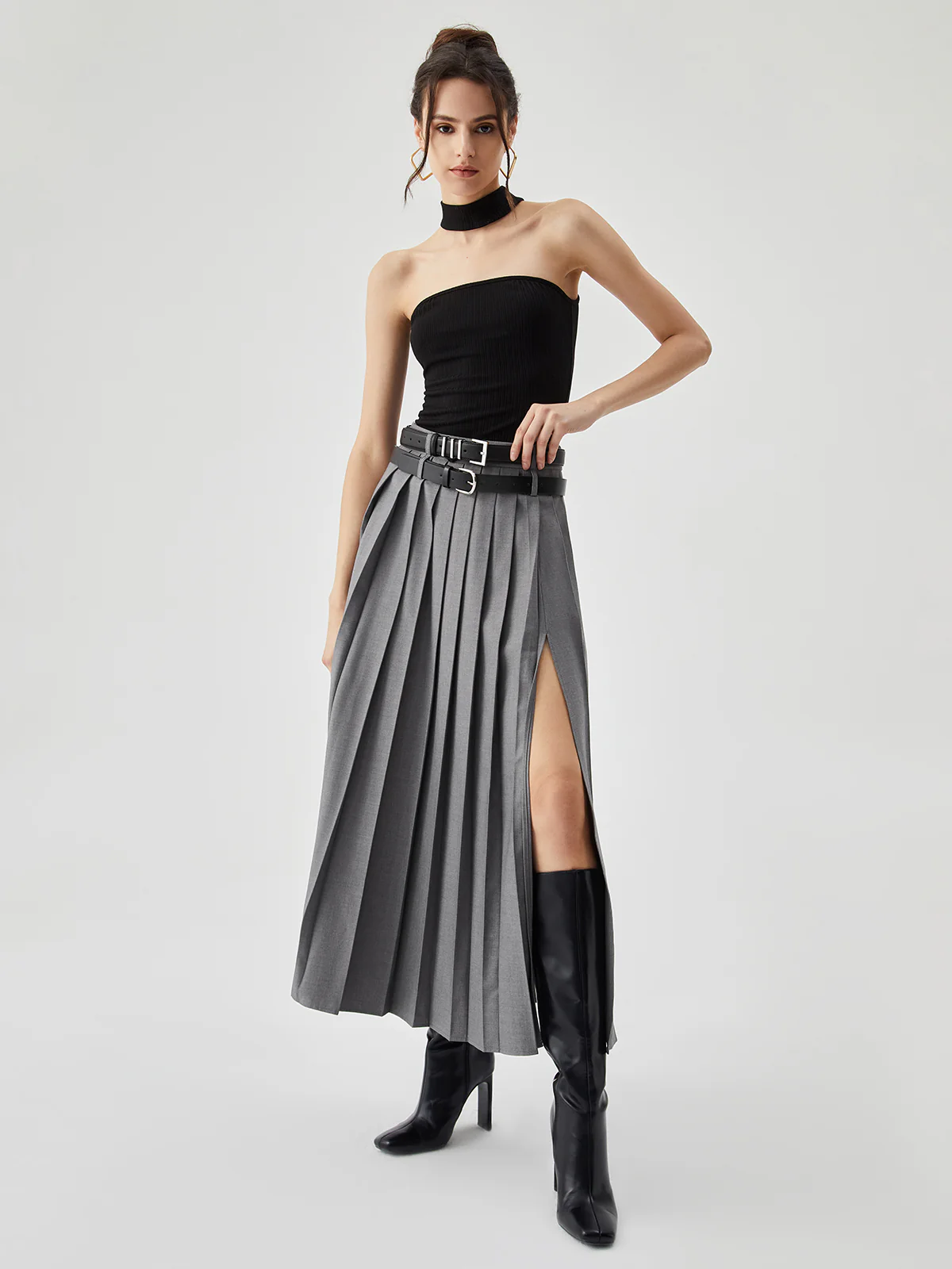 Pleated Split Maxi Skirt Without Belt - Takermore