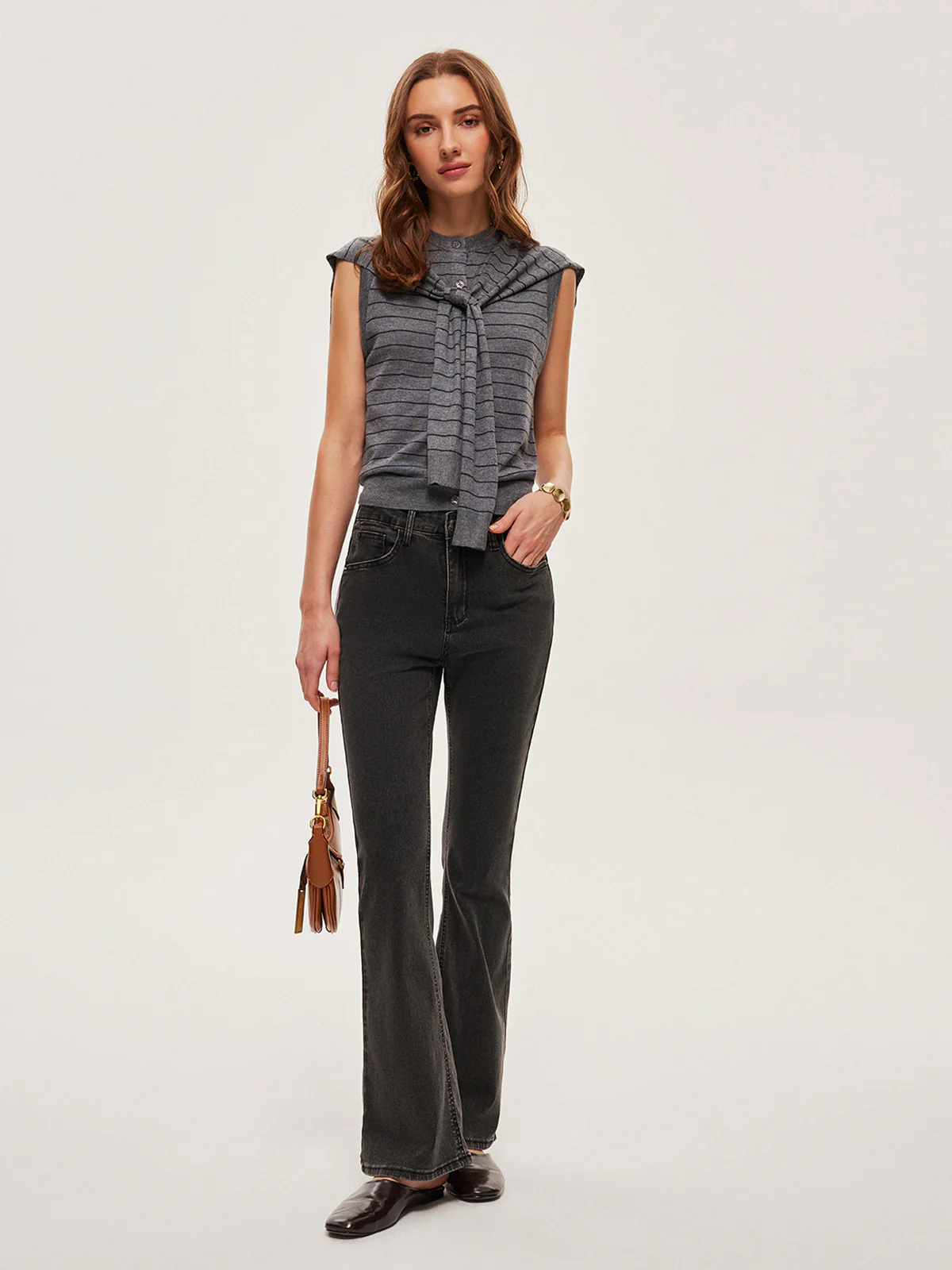 2 In 1 Striped Knotted Button Sleeveless Sweater Vest - Takermore