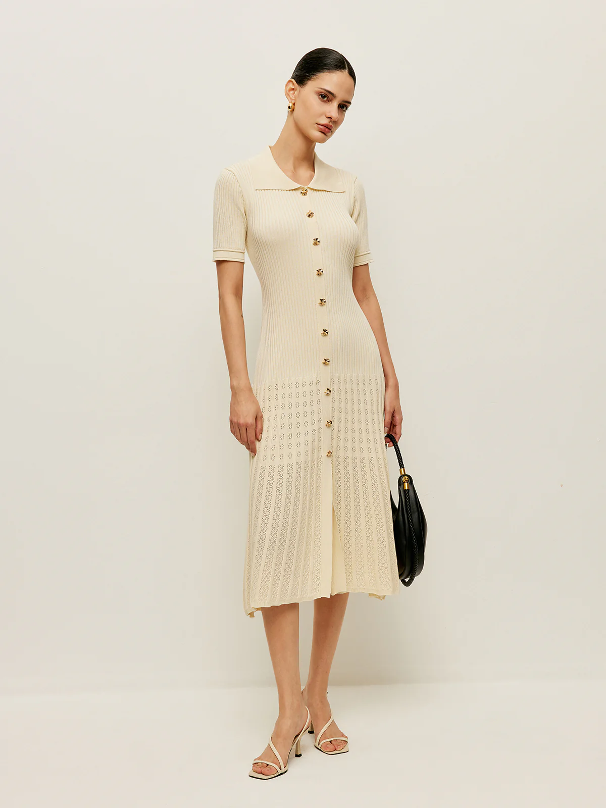 Knit Hollow Buttoned Polo Dress - Takermore