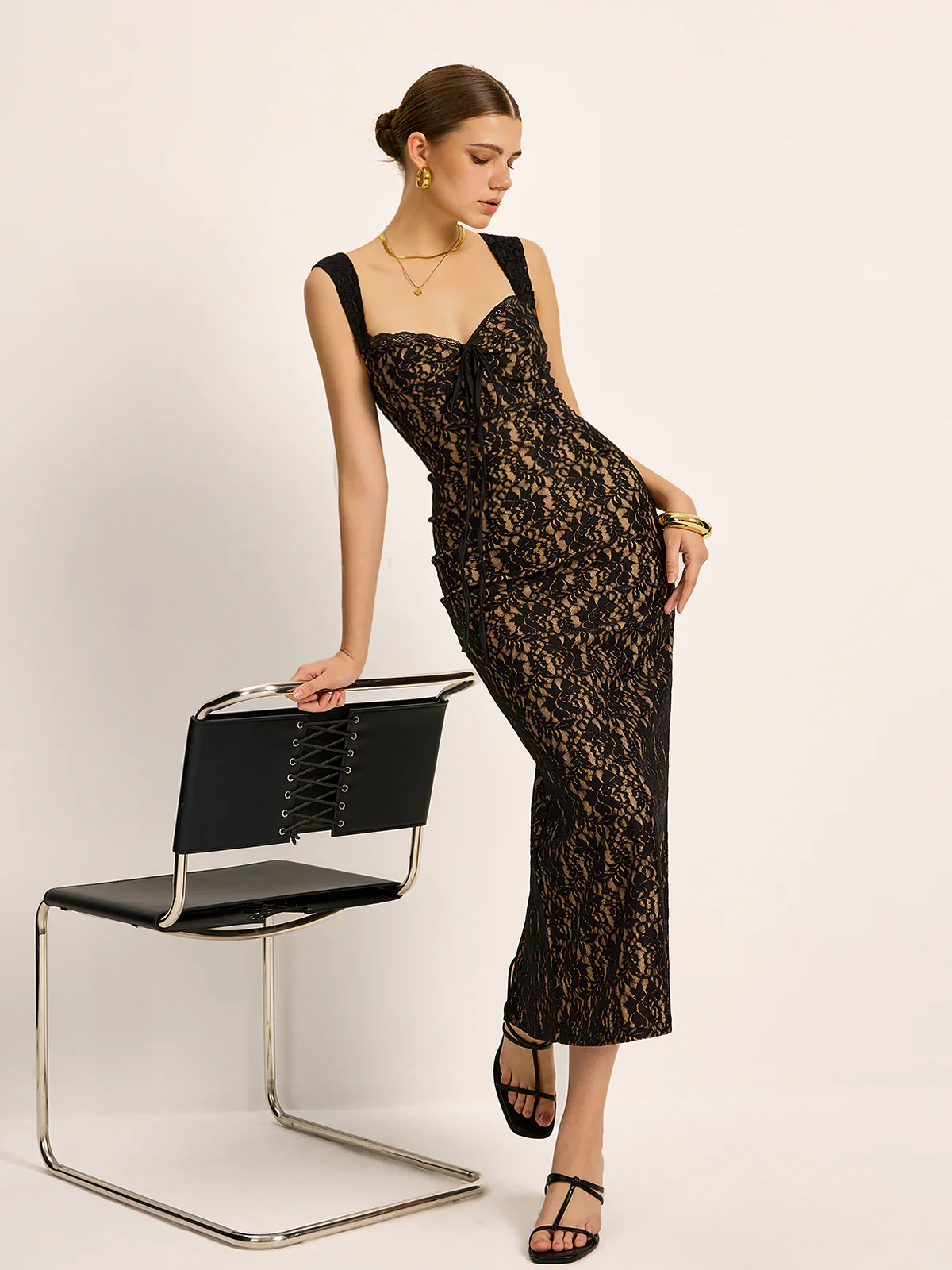 Lace Tie-Front Sleeveless Dress - Takermore