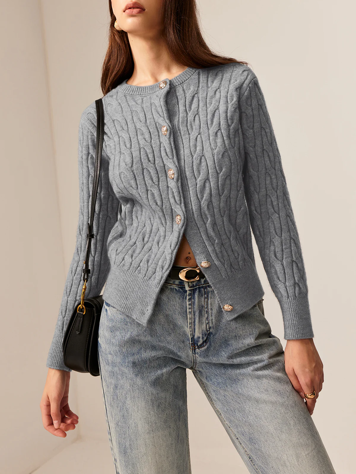 Crew Neck Button Down Cable Cardigan - Takermore