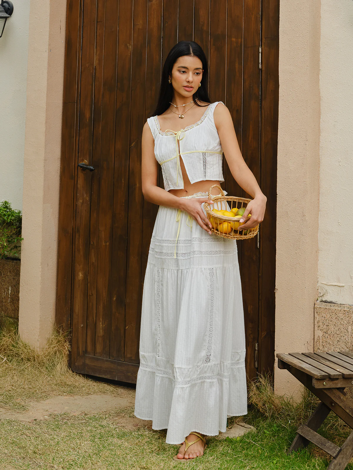 Lace Trim Tie-Front Crop Top With Skirt Set - Takermore