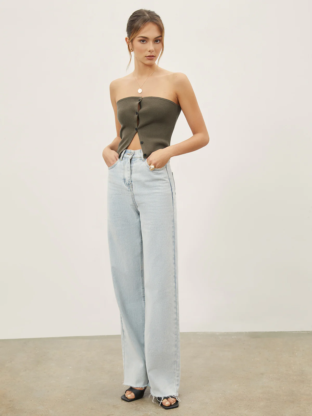 Button Down Knit Crop Strapeless Tube Top - Takermore