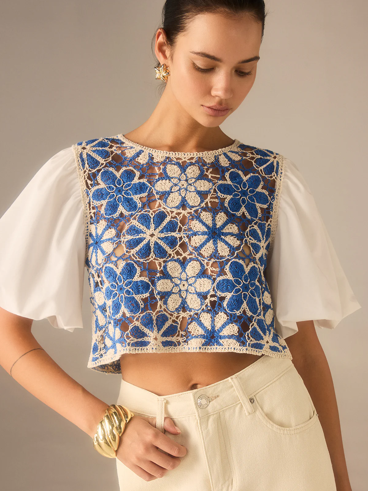 Crochet Floral Top with Puff Sleeves Panel - Takermore