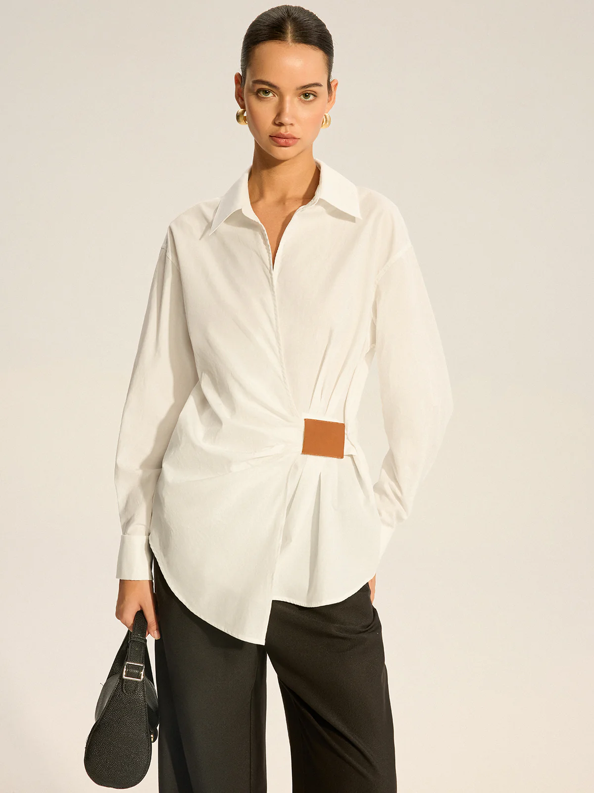 Cotton Ruched Shirt with Faux Leather Detail - Takermore