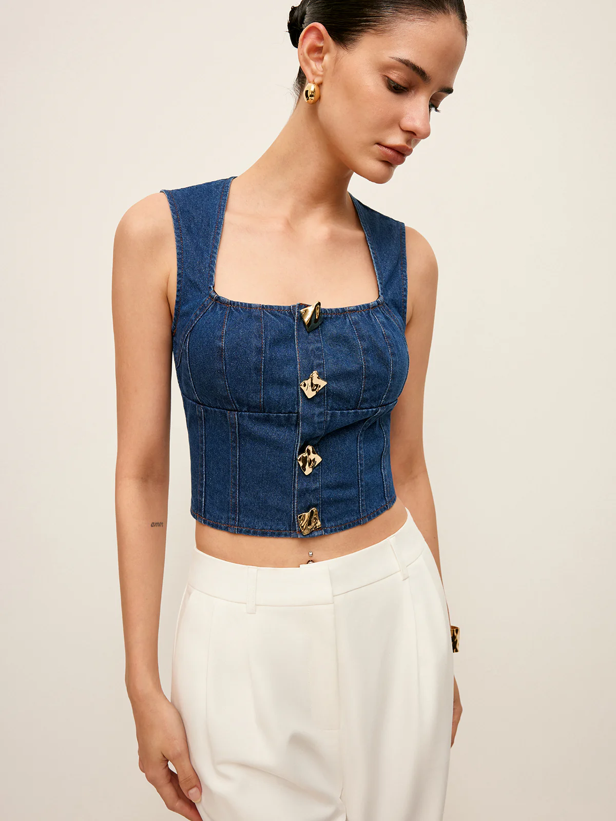 Cotton Square Neck Button Detail Denim Top - Takermore