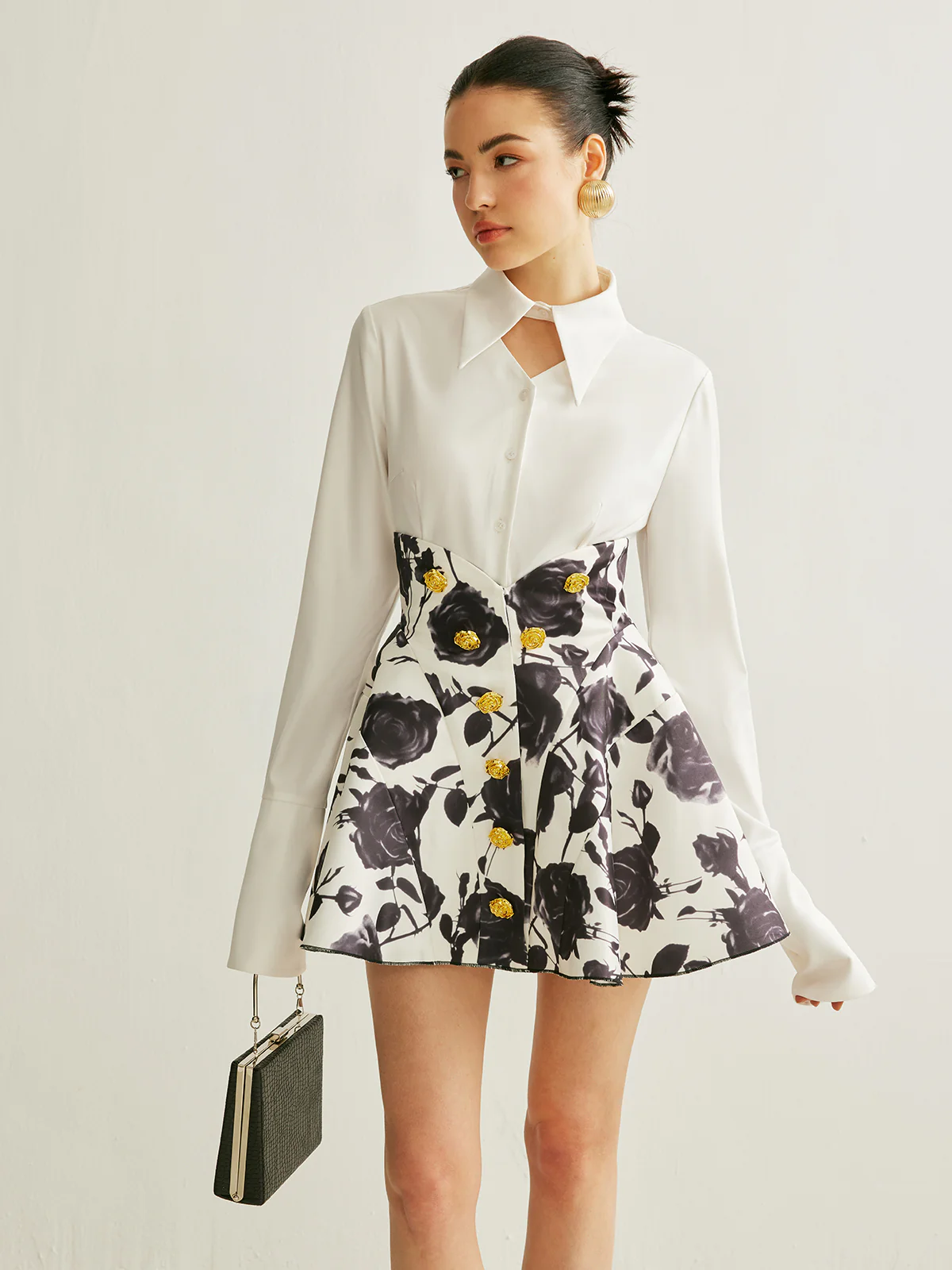 Floral Print Button-Detail Skirt - Takermore
