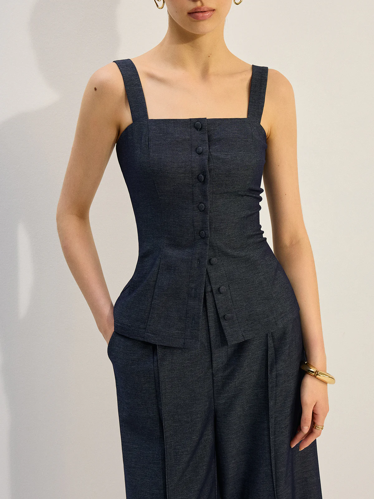 Button-Front Denim Vest Top - Takermore