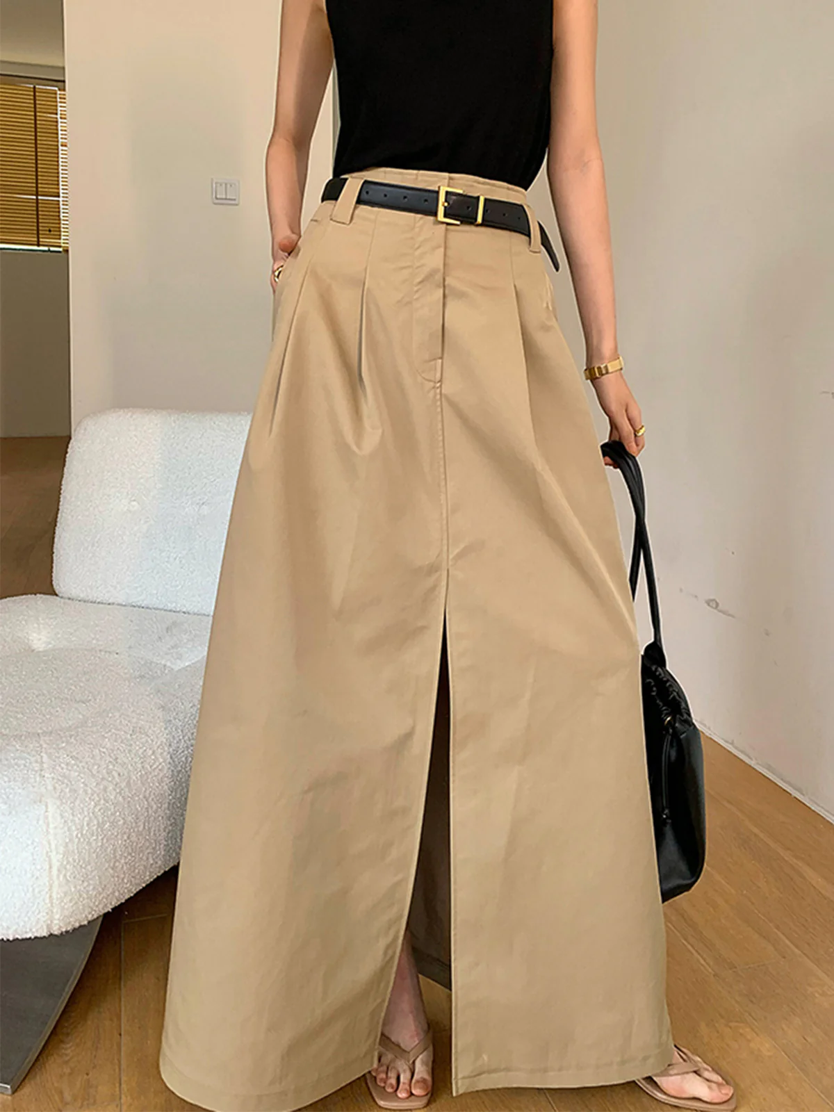 Oversized Cotton Split Maxi Skirt Without Belt - Takermore