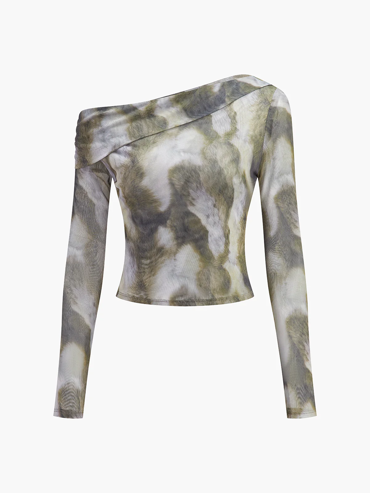Semi-Sheer Asymmetrical Printed Crop Mesh T-Shirt - Takermore