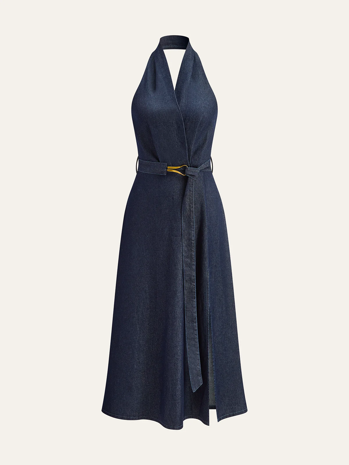 Denim Belted Halter Neck Midi Dress - Takermore