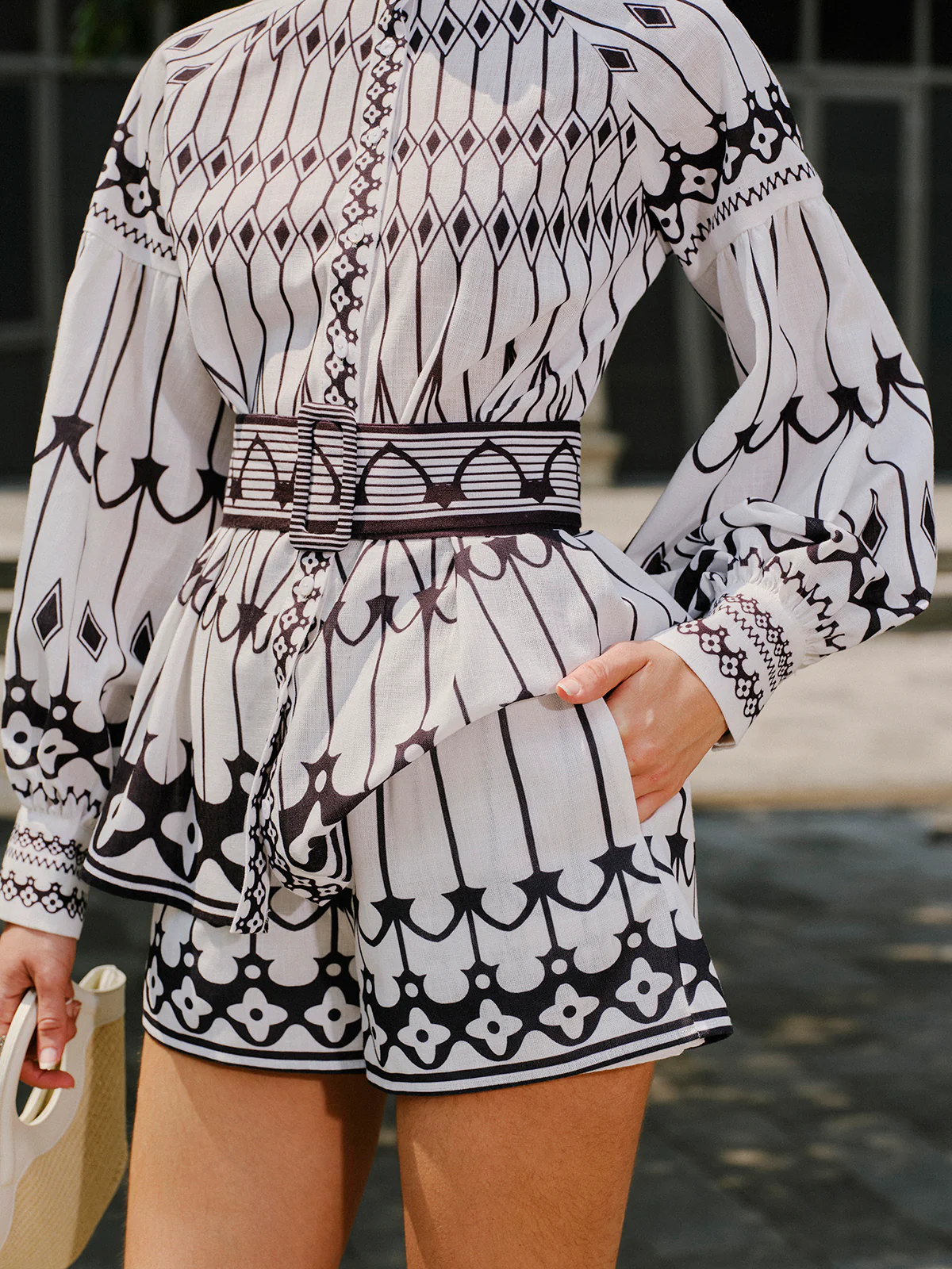 Linen Blend Long Sleeve Belted Shorts Set - Takermore