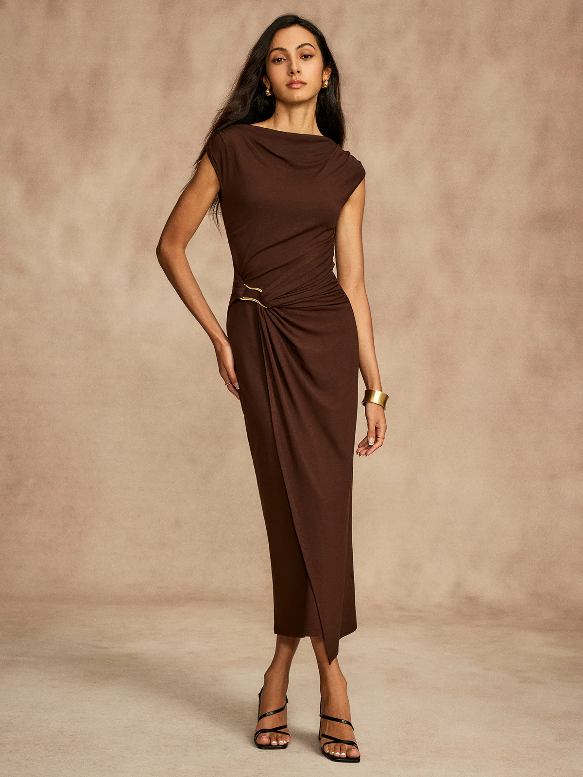Pure Cotton Cap Sleeve Draped Dress - Takermore