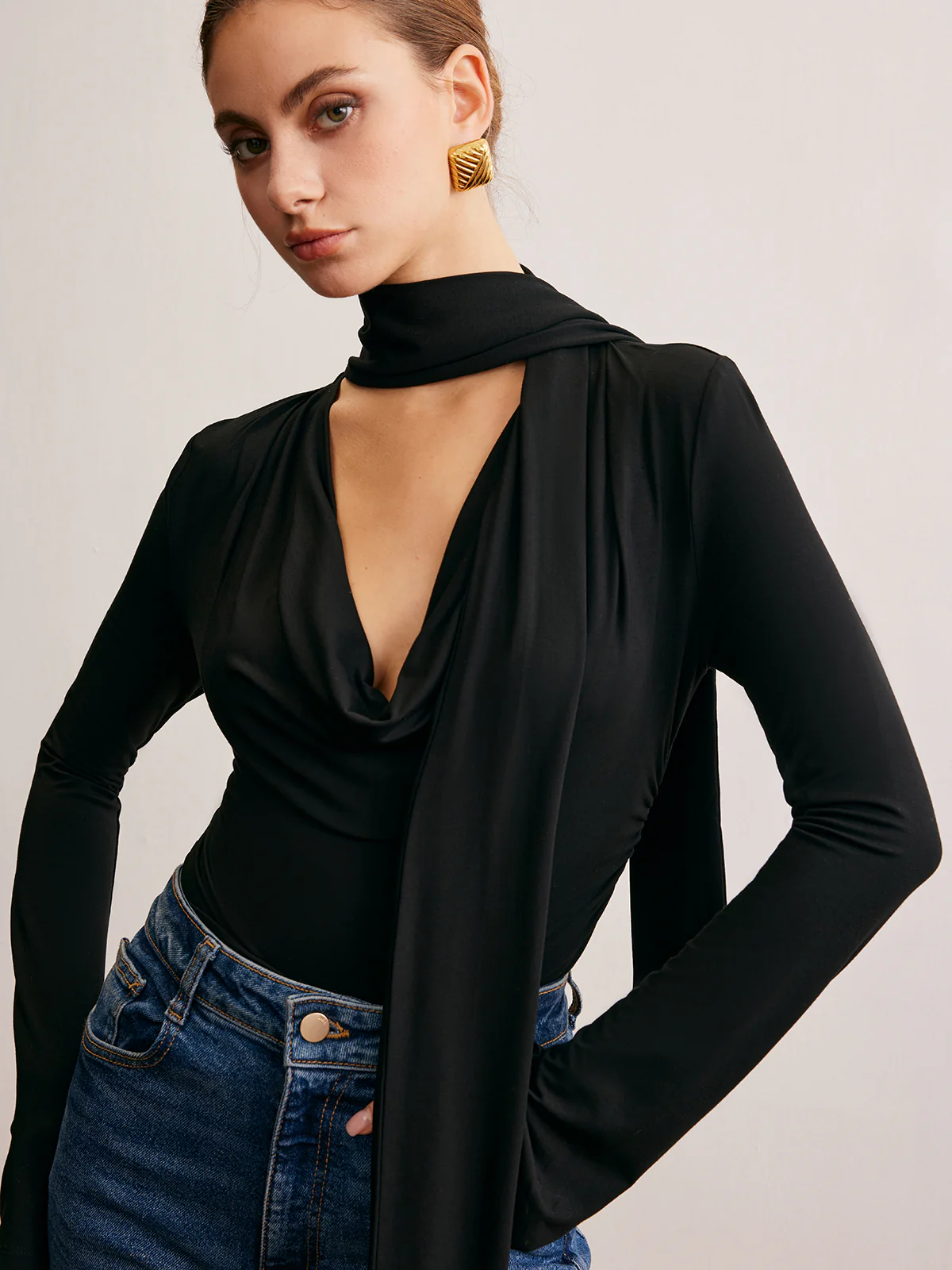 Cowl Neck Ribbon T-Shirt - Takermore