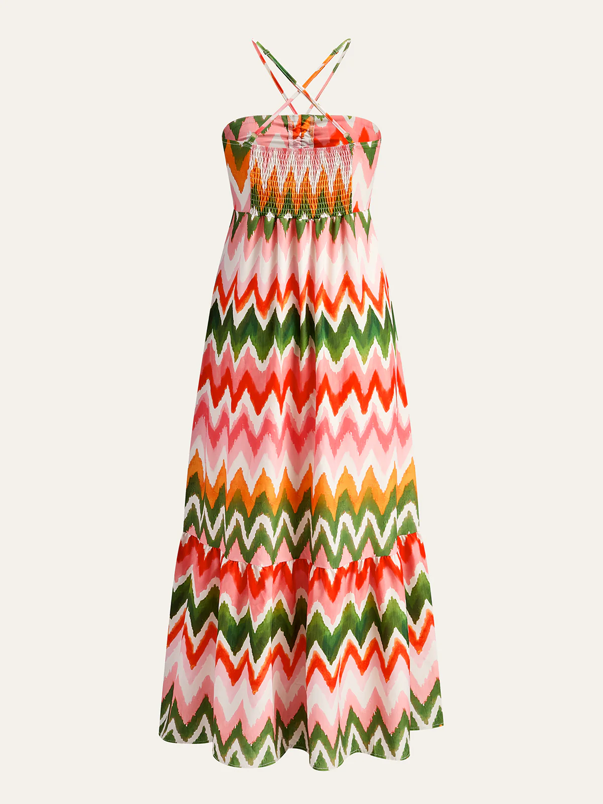 Zigzag Print Ruched Halter Dress - Takermore