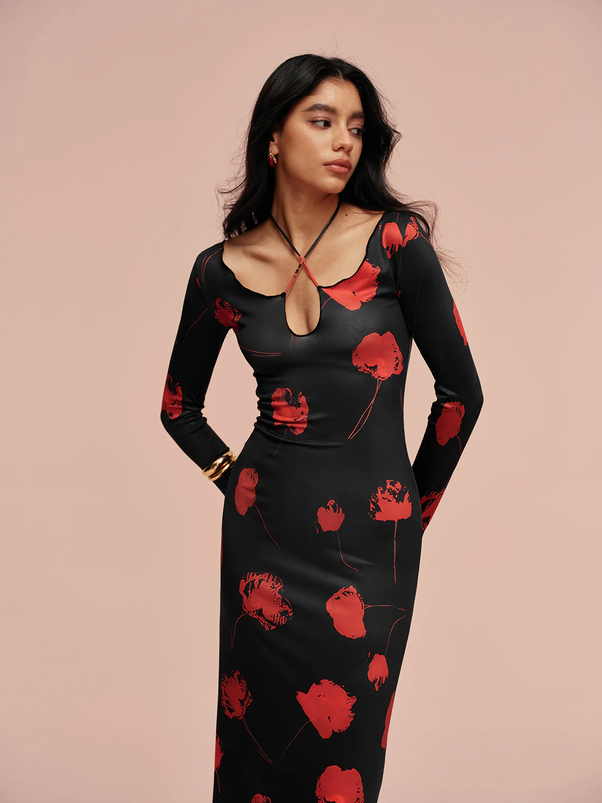 Tie Neck Printed Floral Dress - Takermore