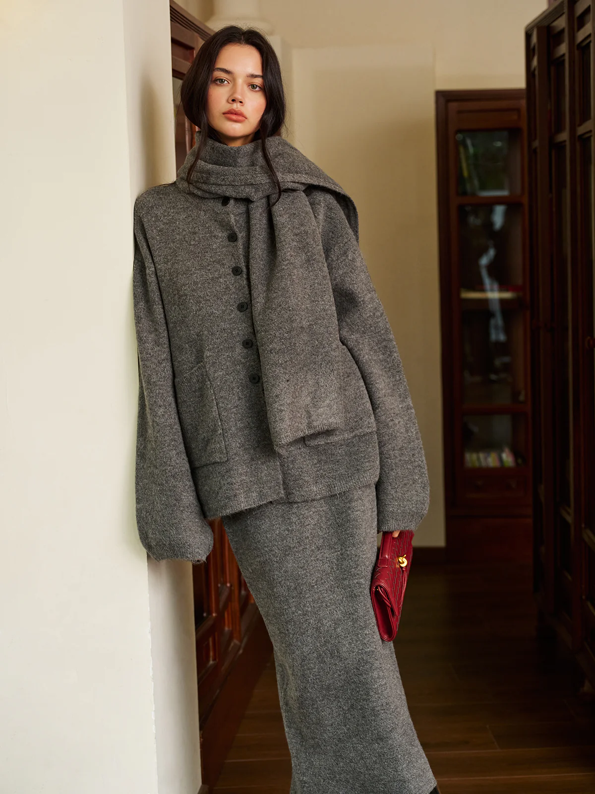 Plain Button Sweater Skirt Set With Matching Scarf - Takermore