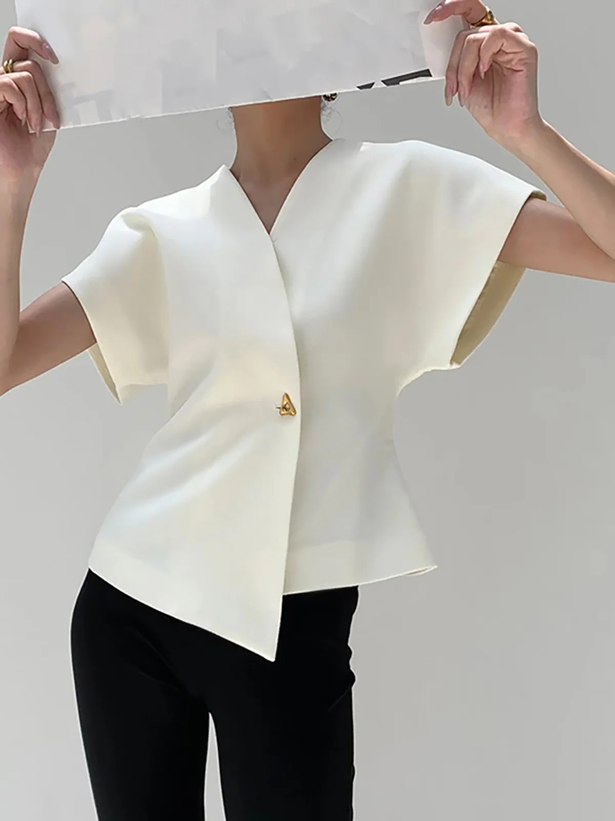 Trendy V-Neck Button Down Blouse - Takermore