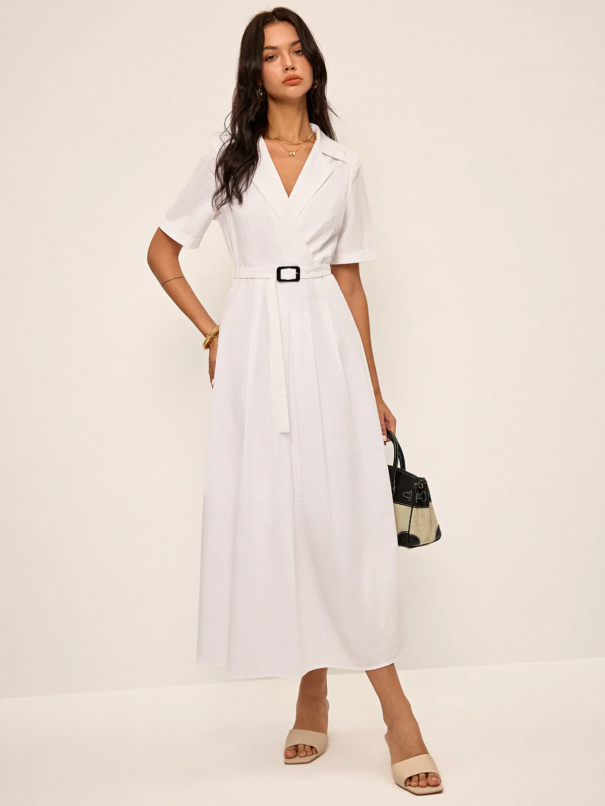 Linen & Blend Belted Pleated Shirt Dress - Takermore