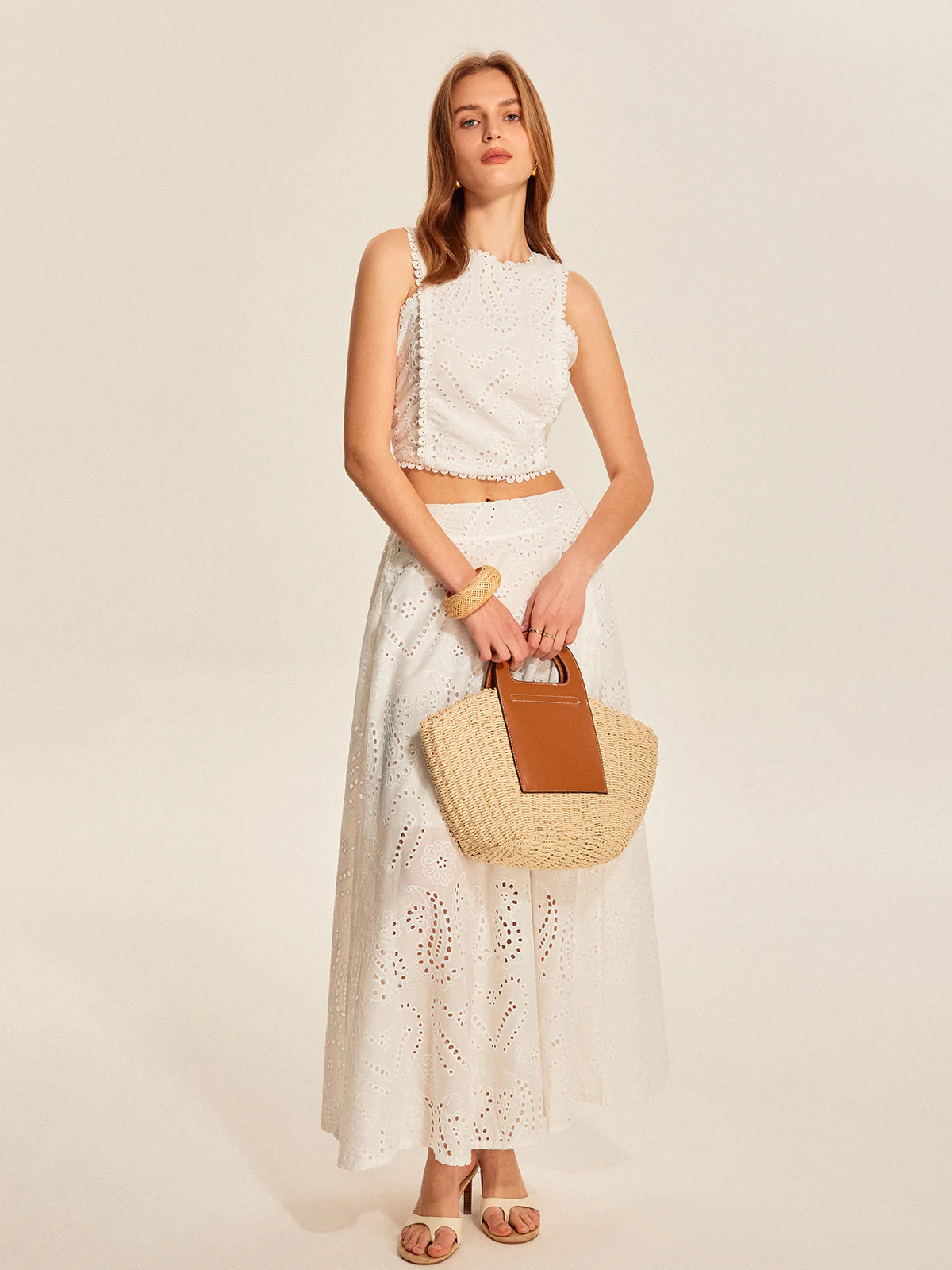 Eyelet Lace Crop Top Skirt Set - Takermore