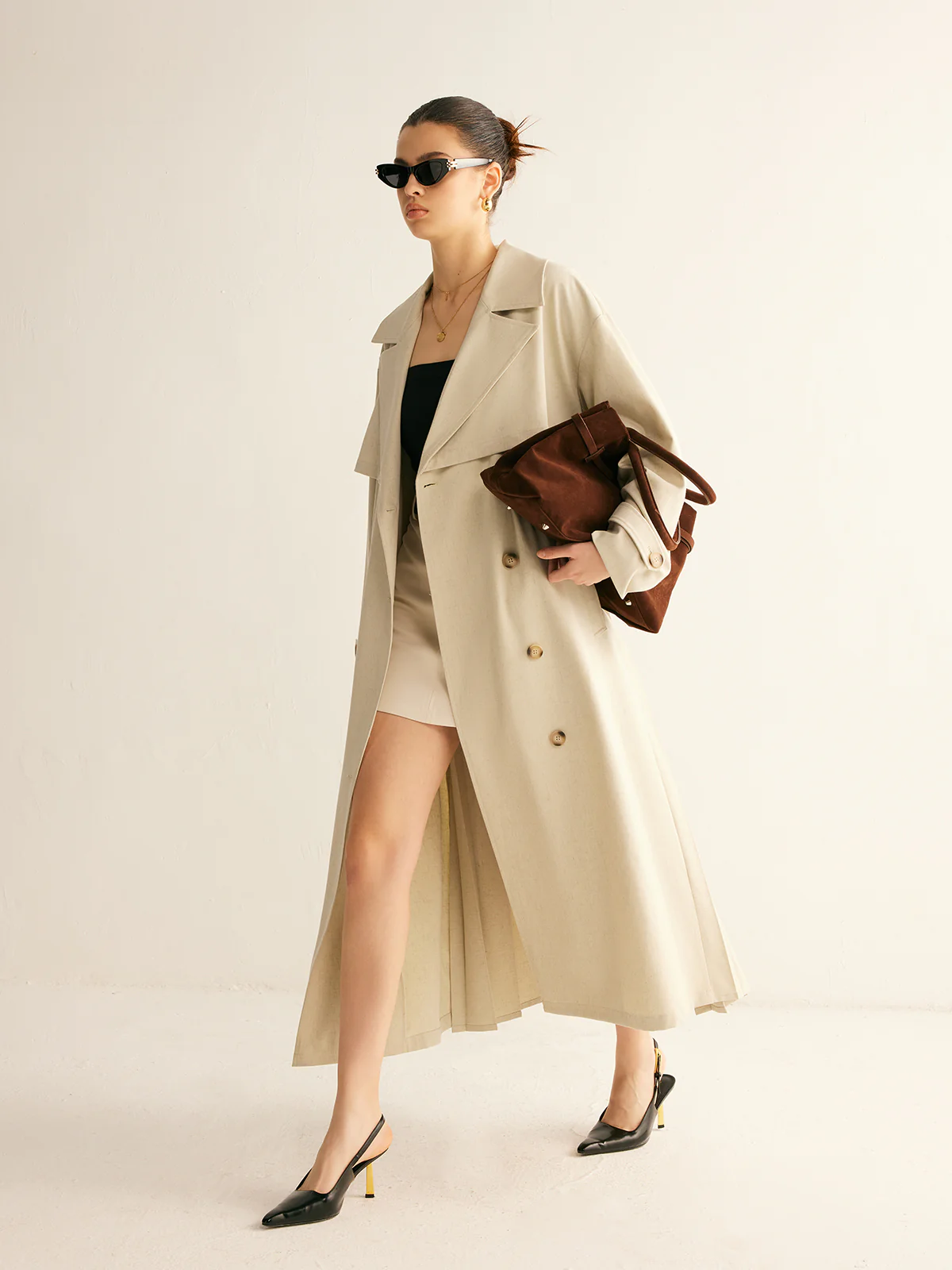 Elegant Pleated Trench Coat With Belt - Takermore