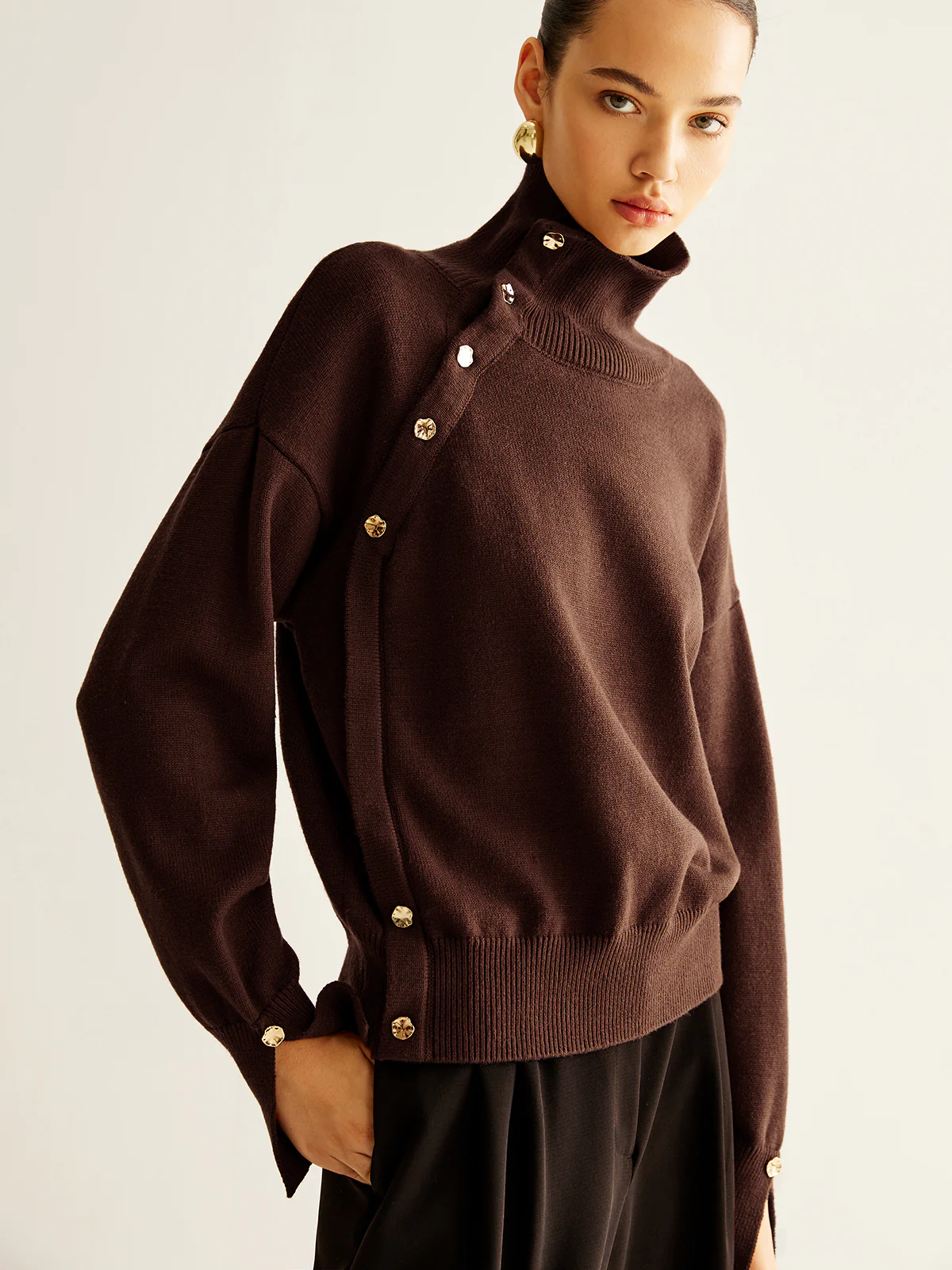 Turtleneck Asymmetrical Button Sweater - Takermore