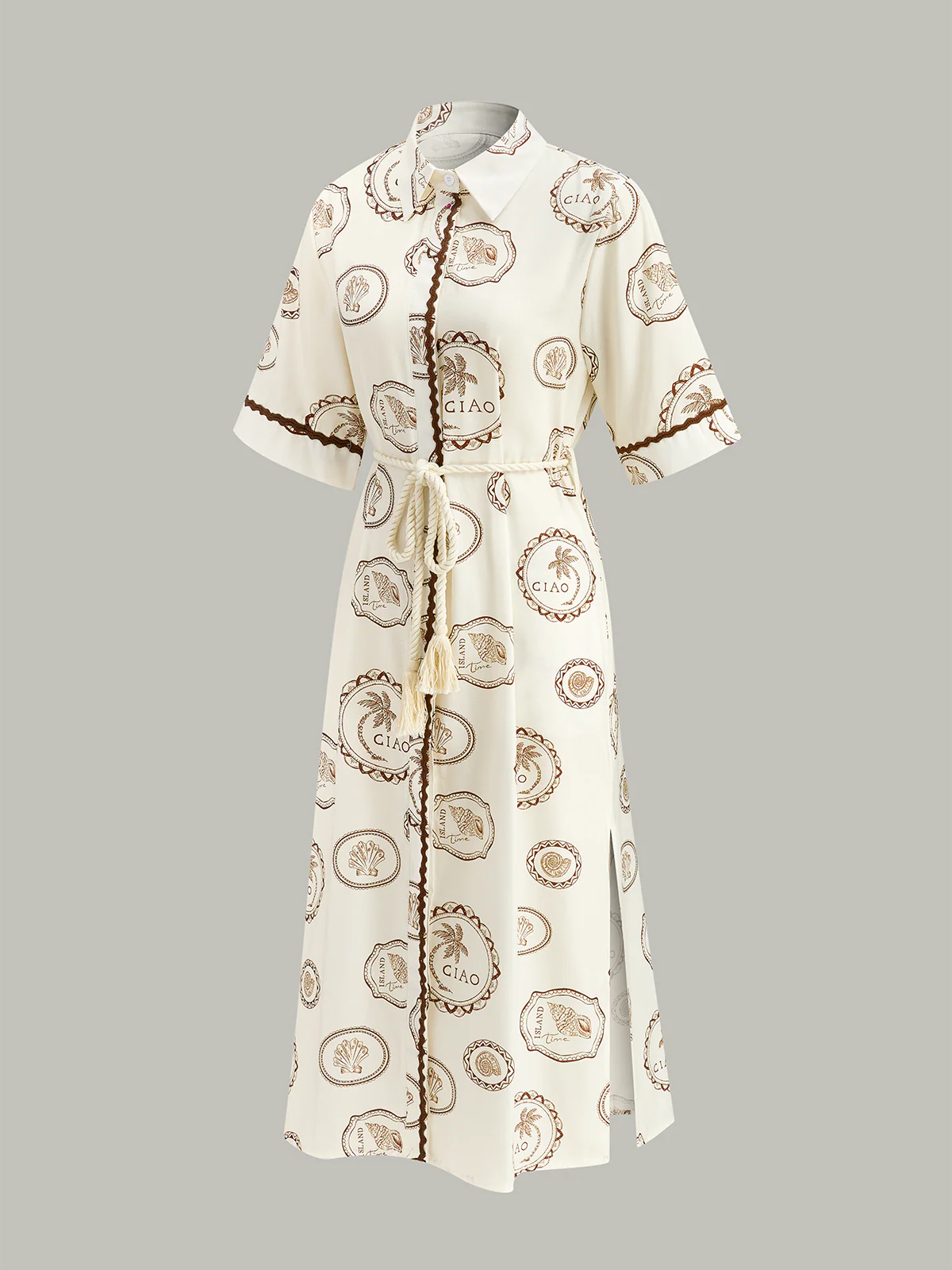 Printed Shirt Dress with Rope Tie Belt - Takermore