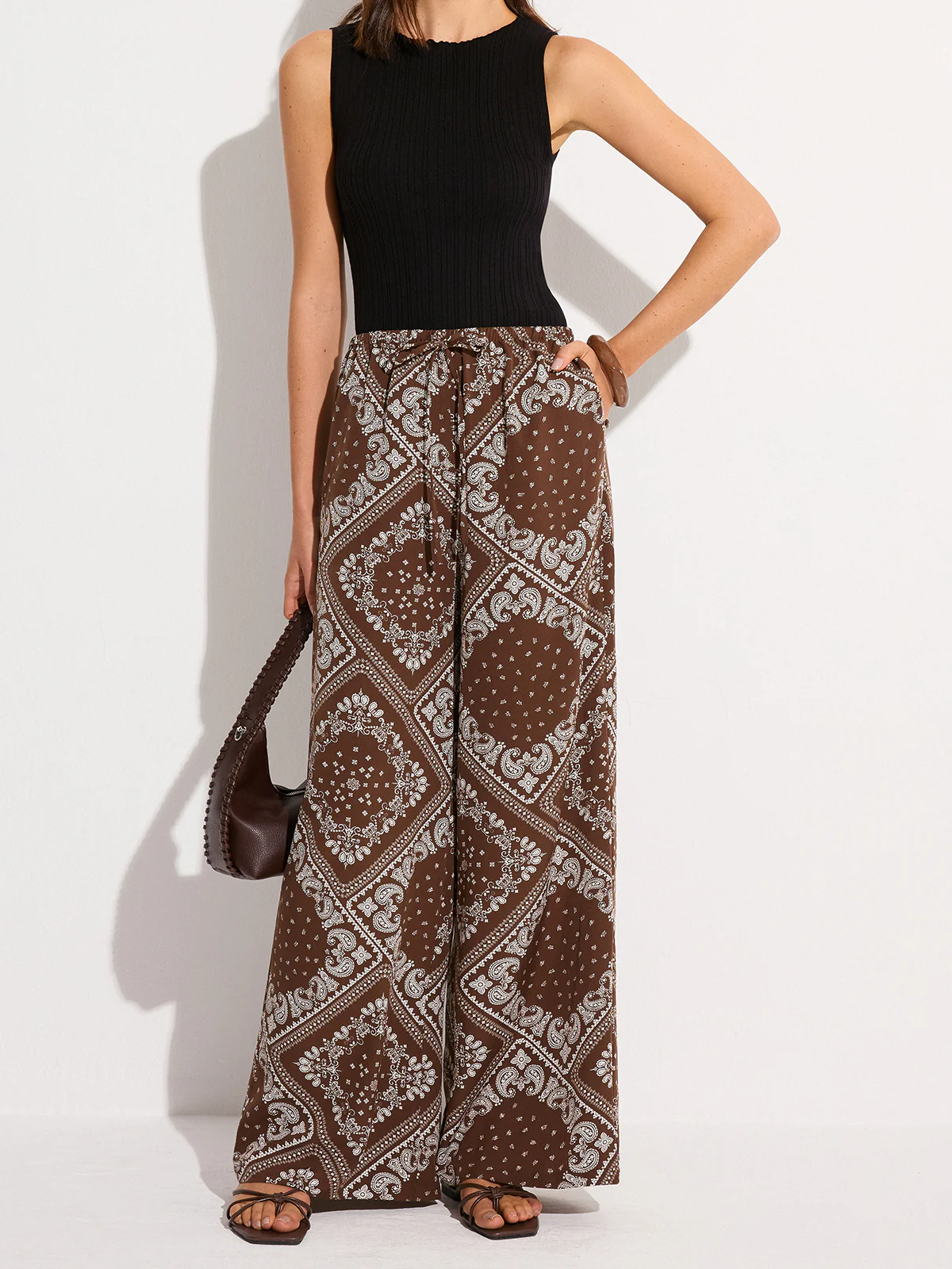 Paisley Print Pocketed Wide-Leg Pants - Takermore