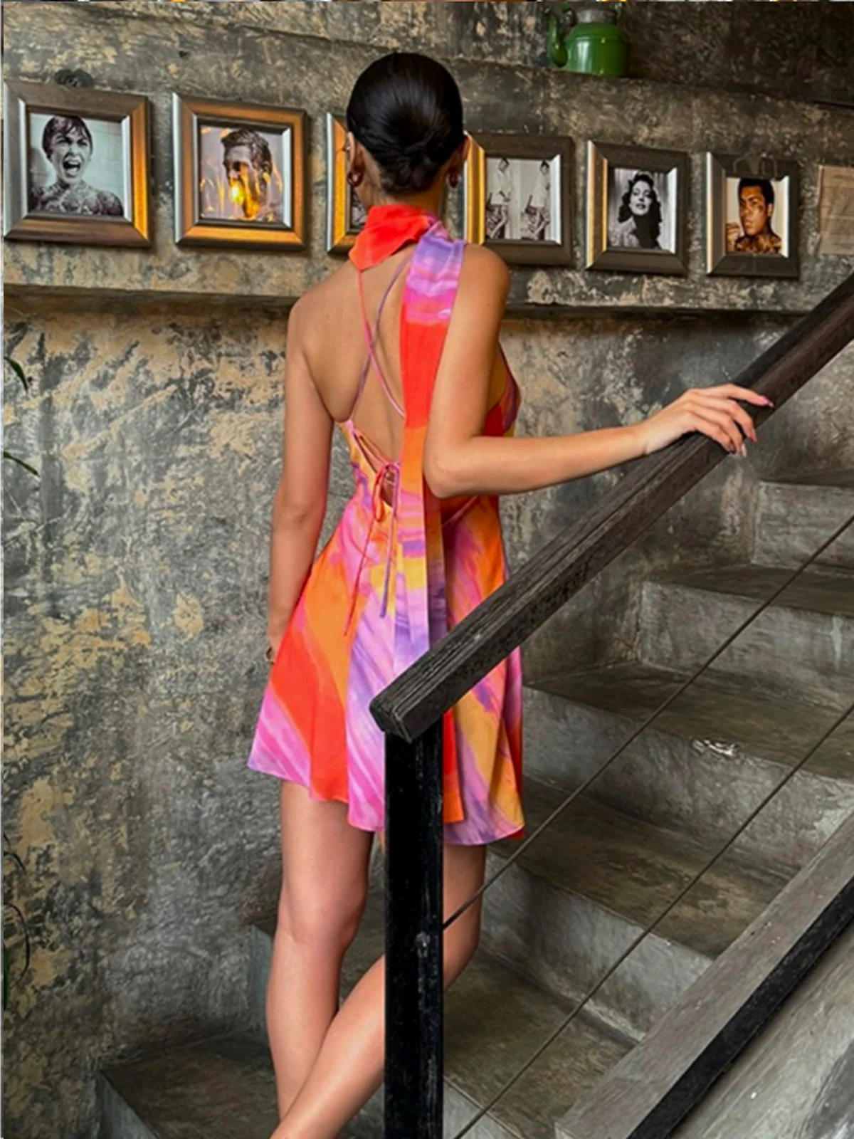 Semi-Sheer Halter Backless Tie Dye Short Dress - Takermore