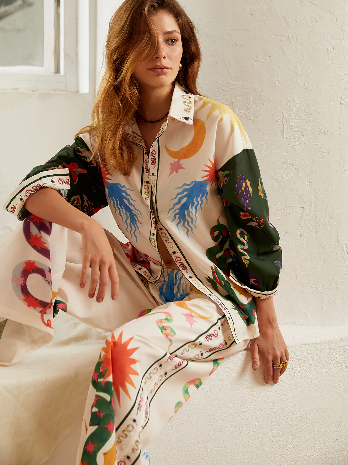 Boho Print Loose Shirt With Wide Leg Pants Set - Takermore