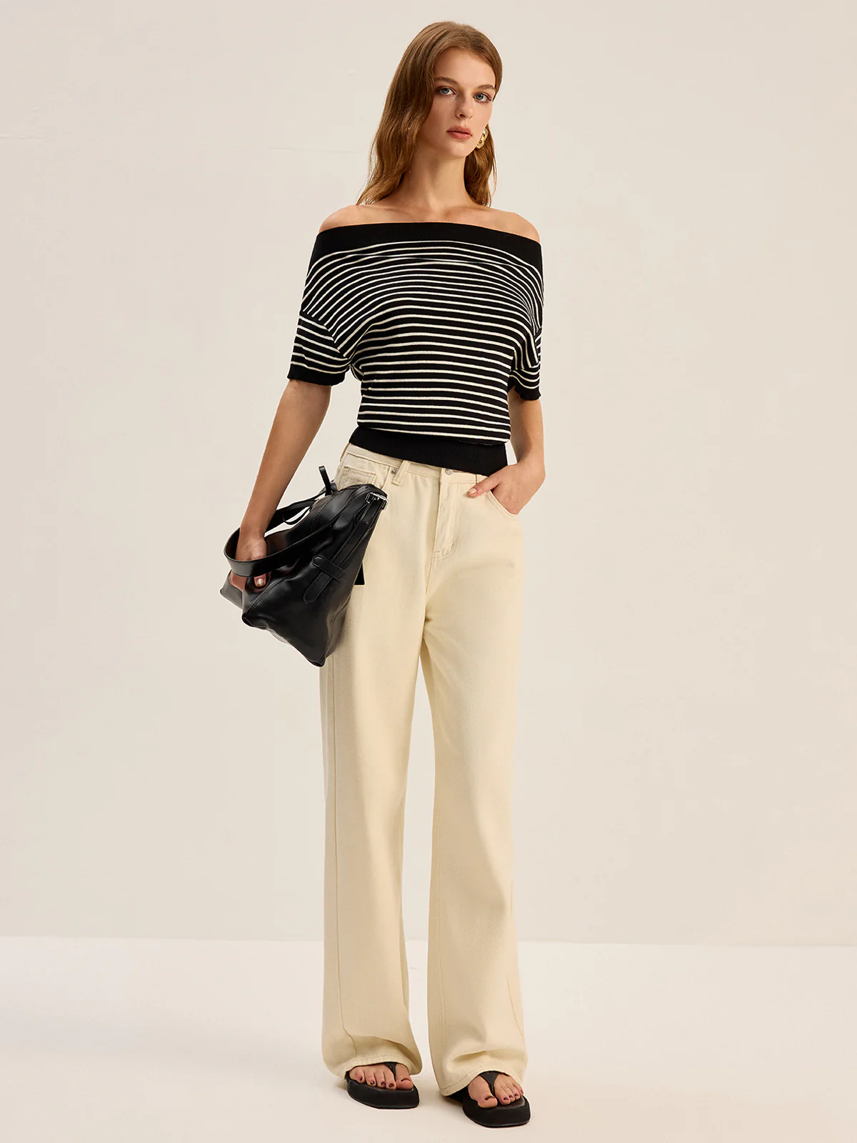 Striped Off-Shoulder Knit Top - Takermore