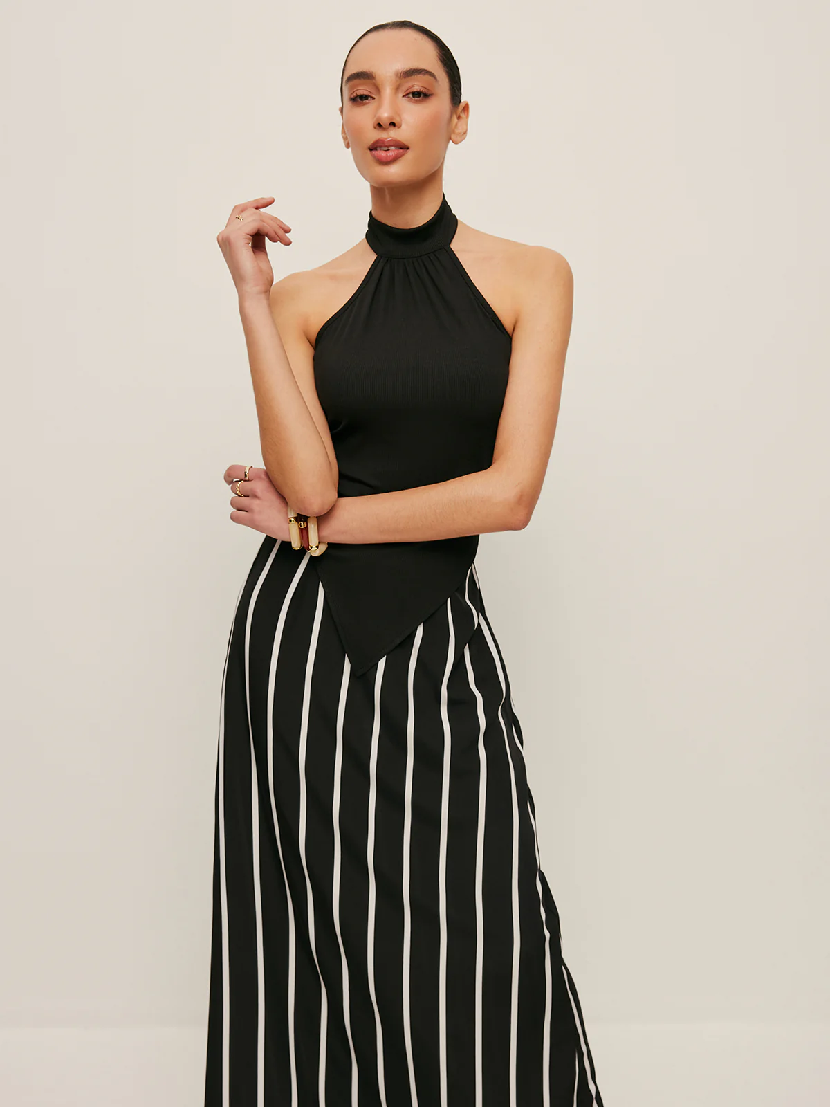 High Neck Asymmetric Panel Stripe Skirt Set - Takermore