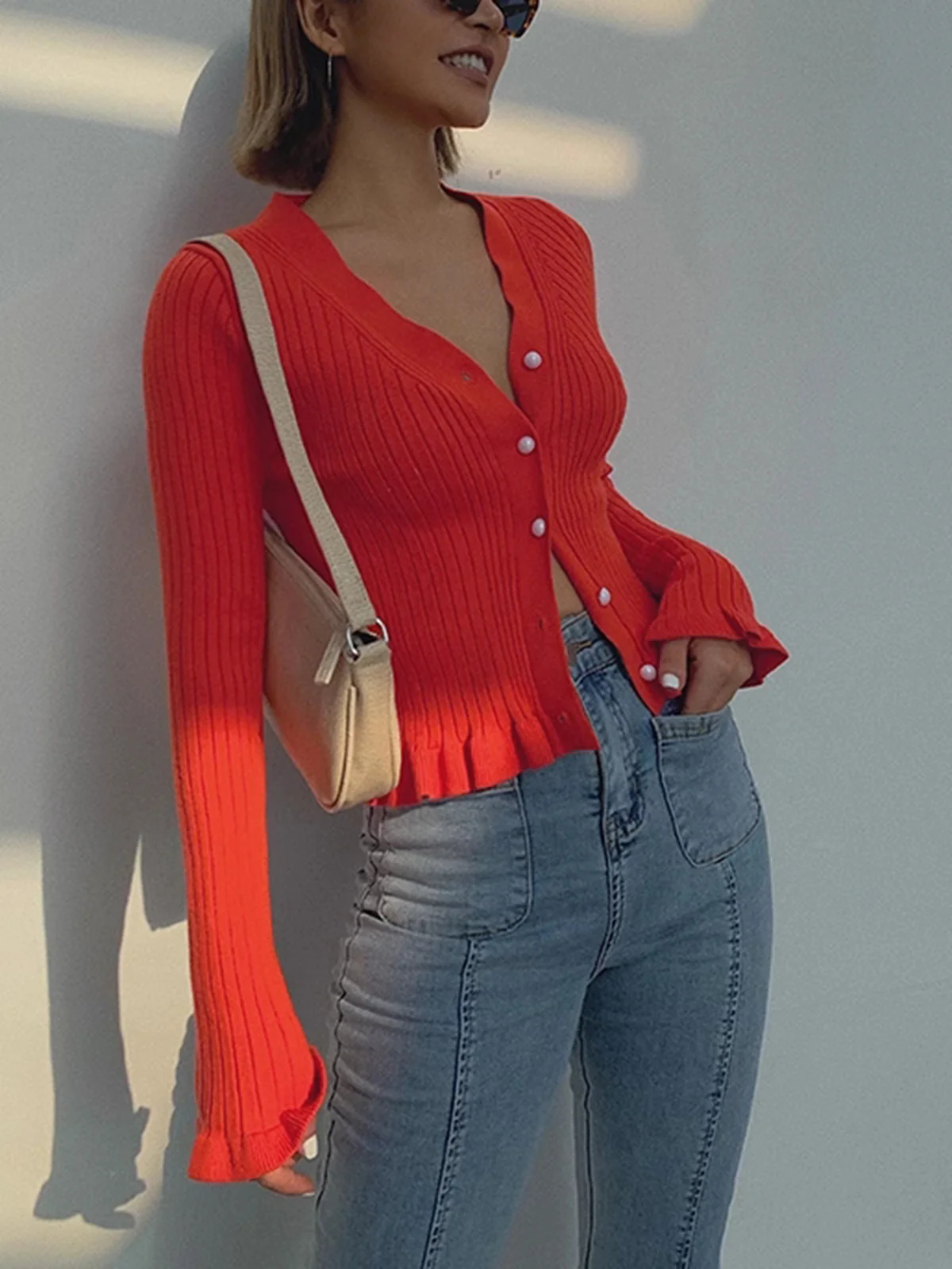 Ruffled Trim Pearl Button Long Sleeve Cardigan - Takermore