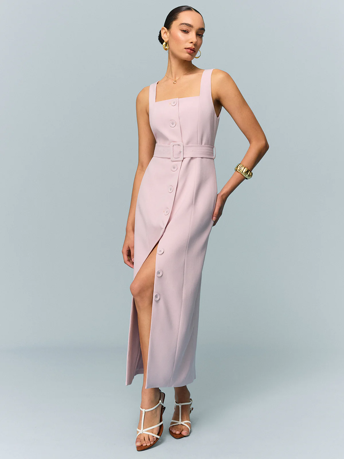 Belted Button-Front Maxi Dress - Takermore