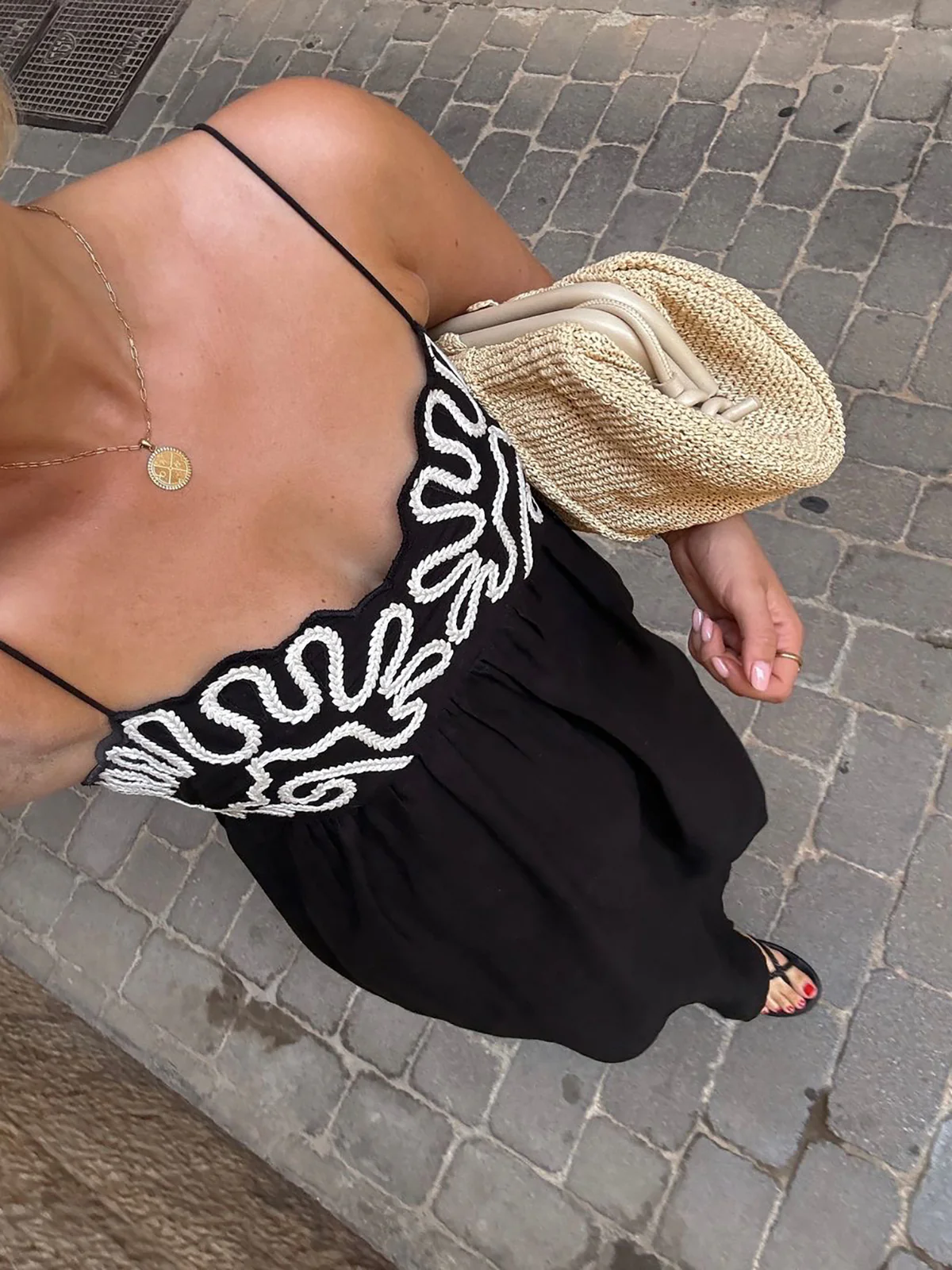 Embroidered Shirred Spaghetti Strap Long Dress - Takermore