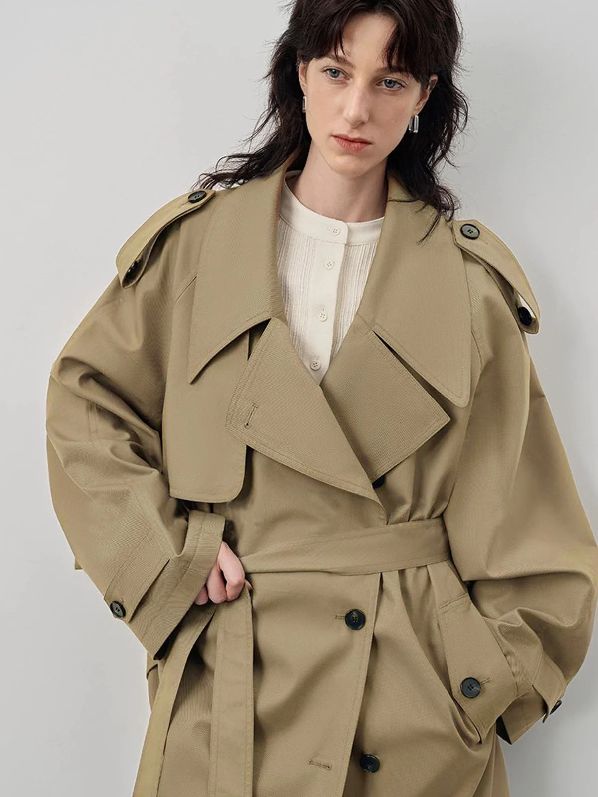 Lapel Oversized Belted Trench Coat - Takermore