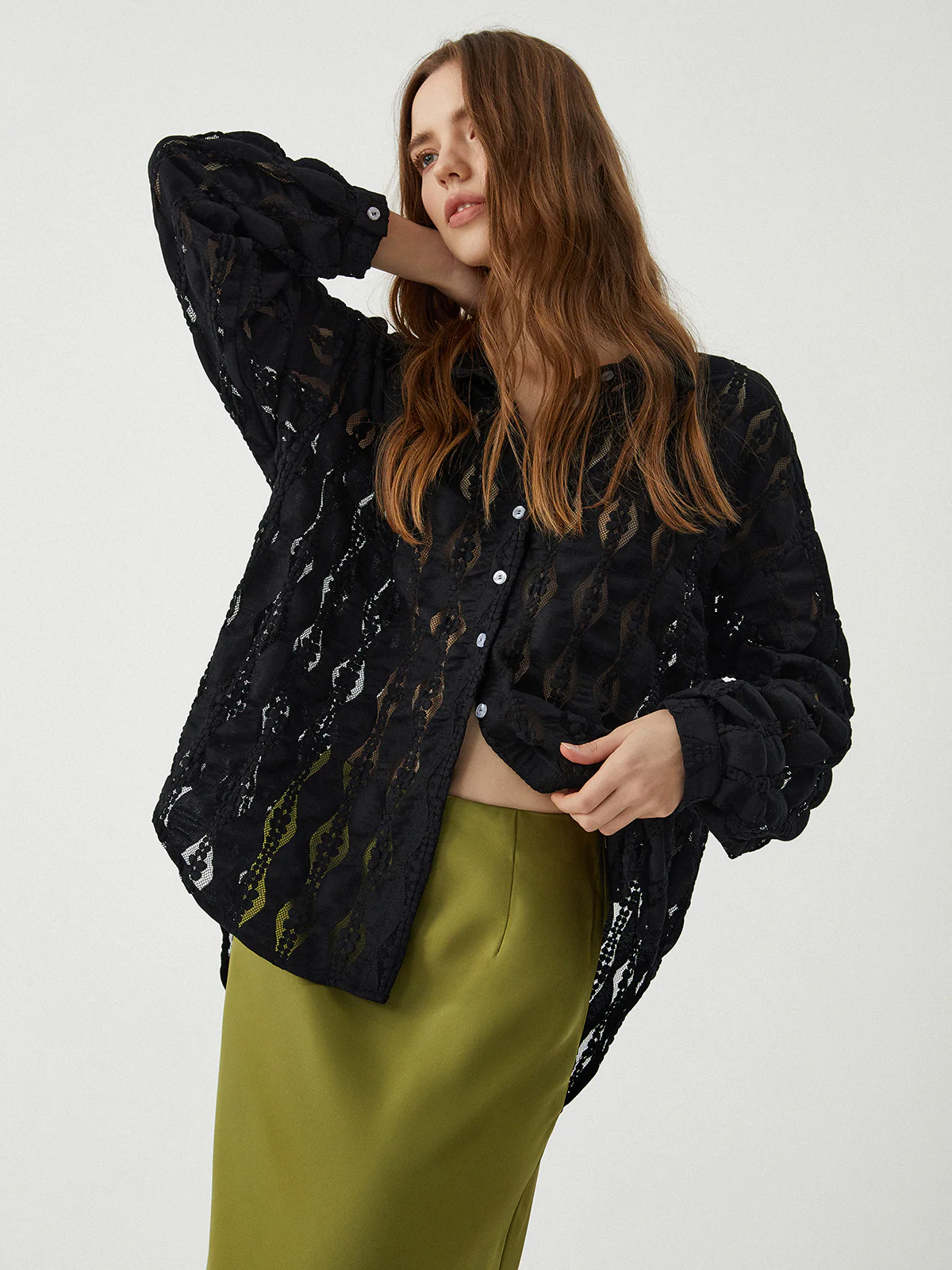 Semi-Sheer Floral Lace Button Up Shirt - Takermore