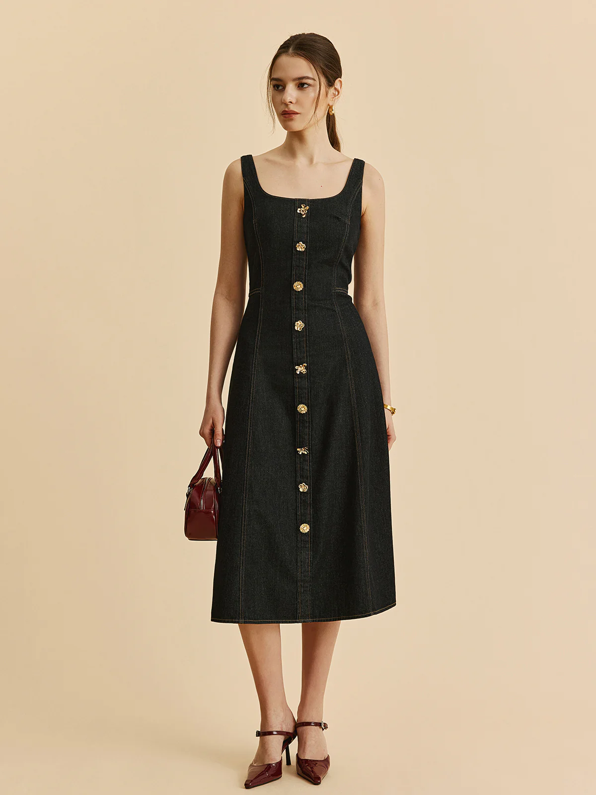 Square Neck Denim Button Dress - Takermore