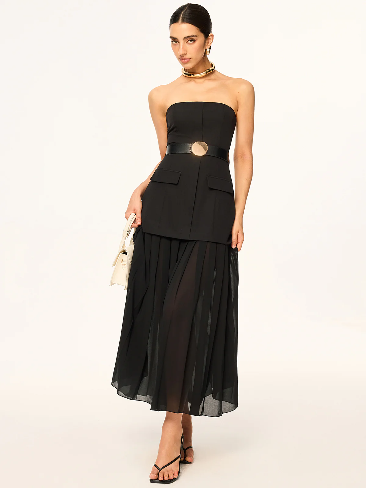 Strapless Belted Midi Dress with Pleated Chiffon Hem - Takermore
