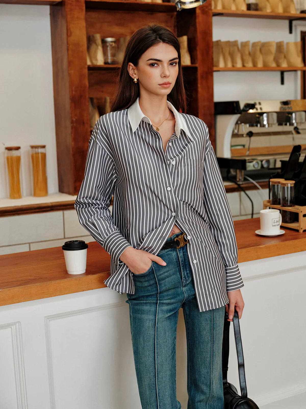 Striped Contrast Collar Button-Up Shirt - Takermore