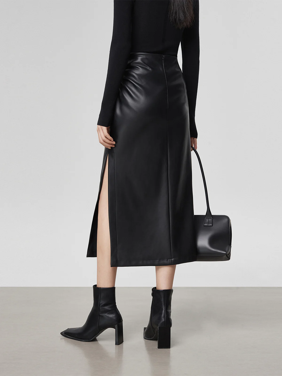 Faux Leather Ruched Slit Midi Skirt - Takermore