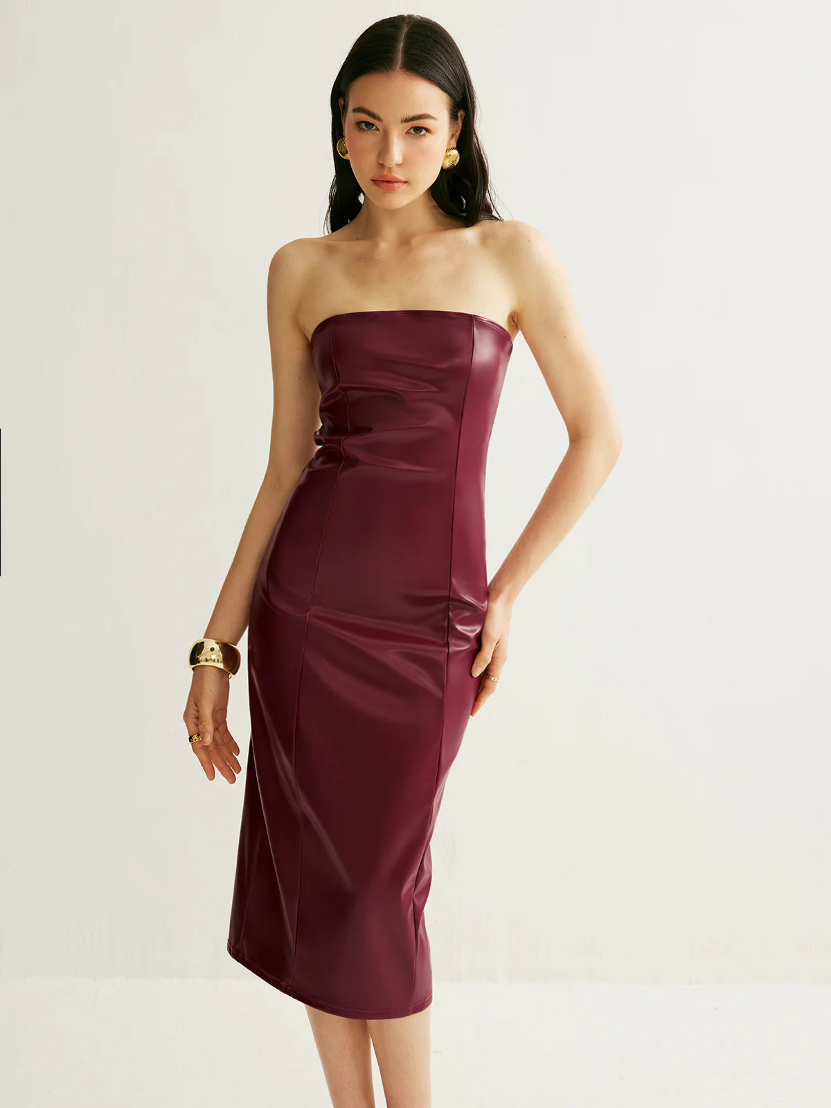 PU Split Strapless Dress - Takermore