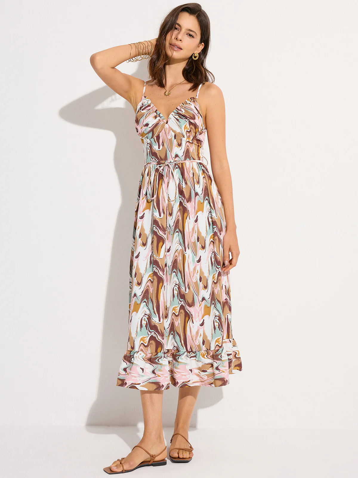 Print Backless Tie-Waist Midi Dress - Takermore