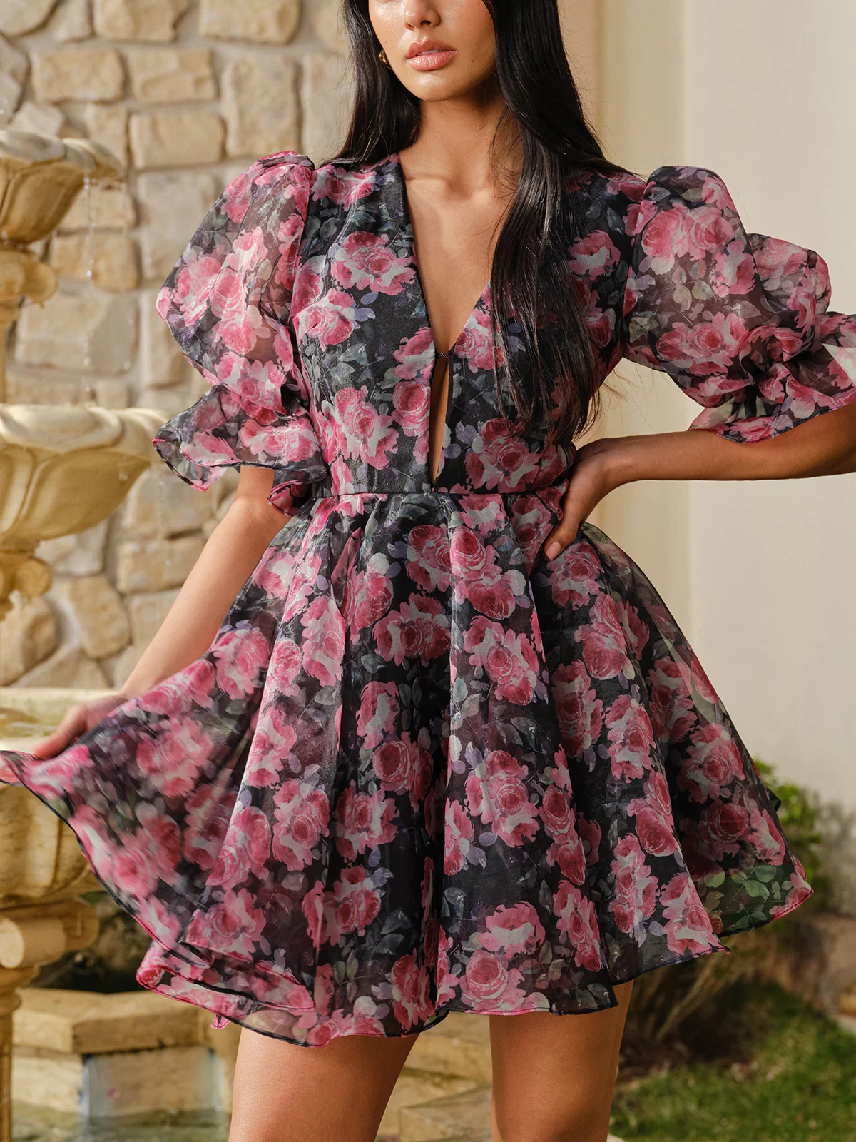 Semi-Sheer Puff Sleeve Floral Dress - Takermore
