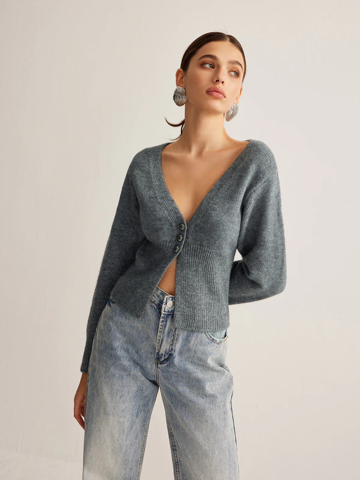 V-Neck Ribbed Split Slim Cardigan - Takermore