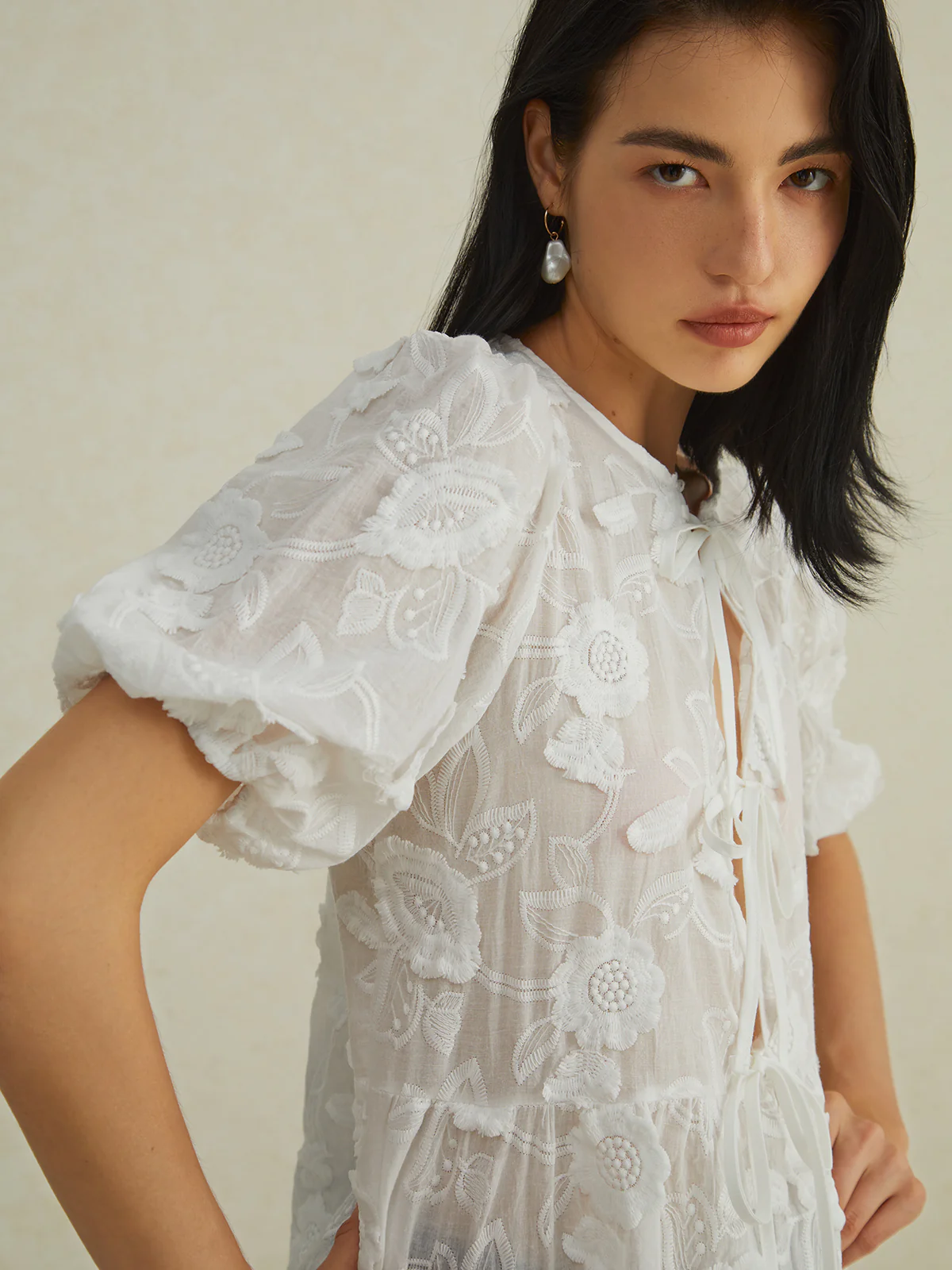 Semi-Sheer Floral Knotted Puff Sleeve Blouse - Takermore