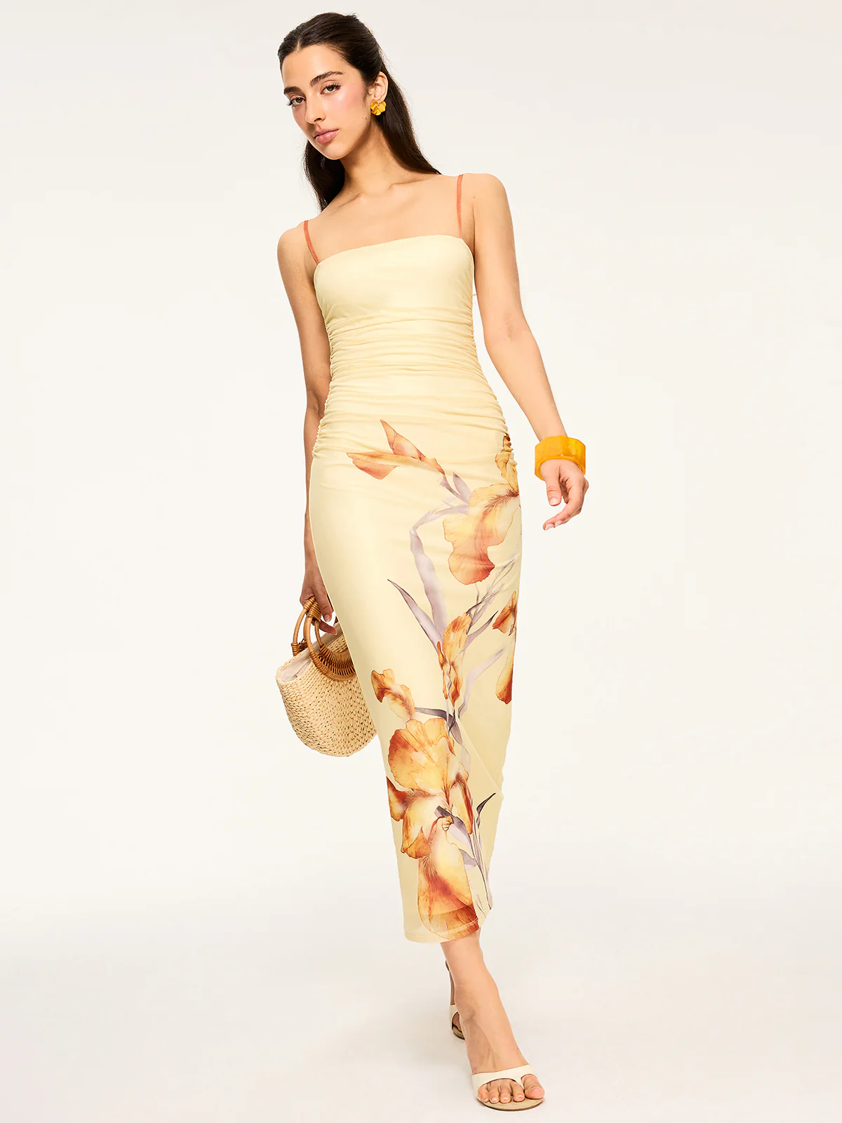 Floral Print Ruched Maxi Dress - Takermore
