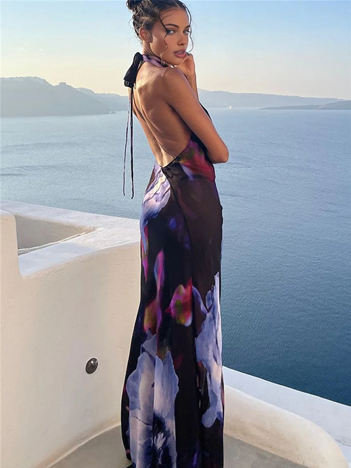 Print Backless Halter Dress - Takermore