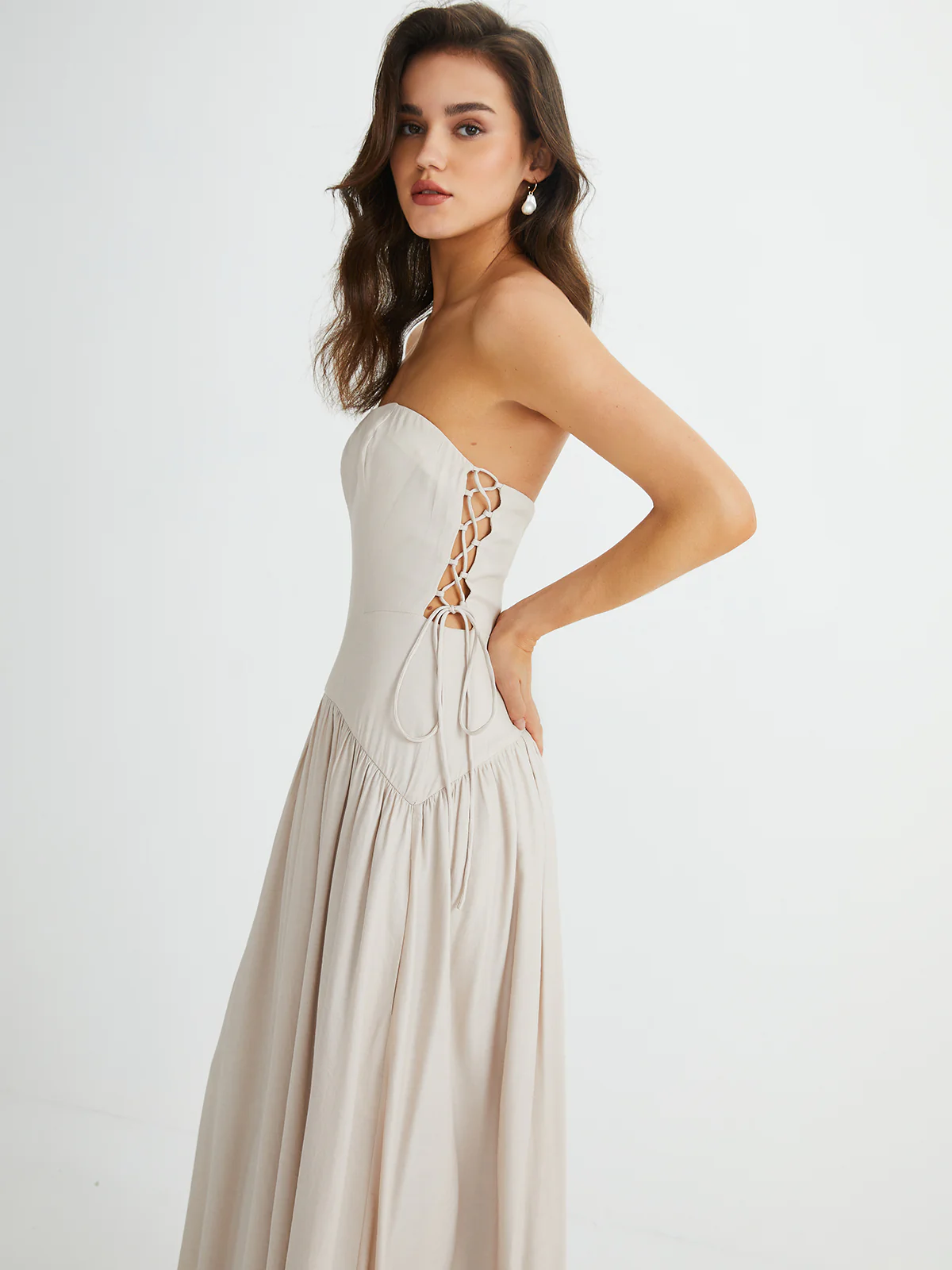 Pleated Drawstring Pockets Long Dress - Takermore